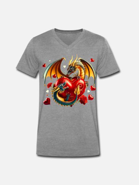 Herzdrache im Liebesfeuer - Männer Premium Bio T-Shirt mit V-Ausschnitt - Dunkelgrau meliert