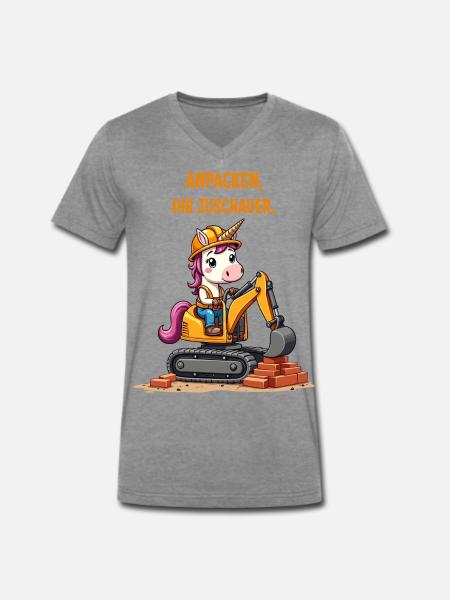 Einhorn Baggermeister - Männer Premium Bio T-Shirt mit V-Ausschnitt - Dunkelgrau meliert