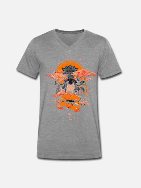 Geisha mit Kirschblüten Tempel - Männer Premium Bio T-Shirt mit V-Ausschnitt - Dunkelgrau meliert