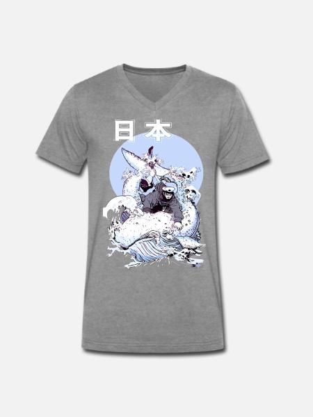 Japanischer Wal Kampf – Ukiyo-e Meereskunst - Männer Premium Bio T-Shirt mit V-Ausschnitt - Dunkelgrau meliert