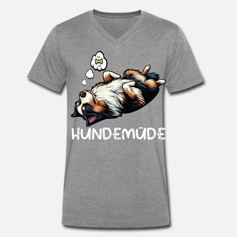 Hundemüde Australian Shepherd Aussie Aussiehalter - Männer Premium Bio T-Shirt mit V-Ausschnitt - Dunkelgrau meliert
