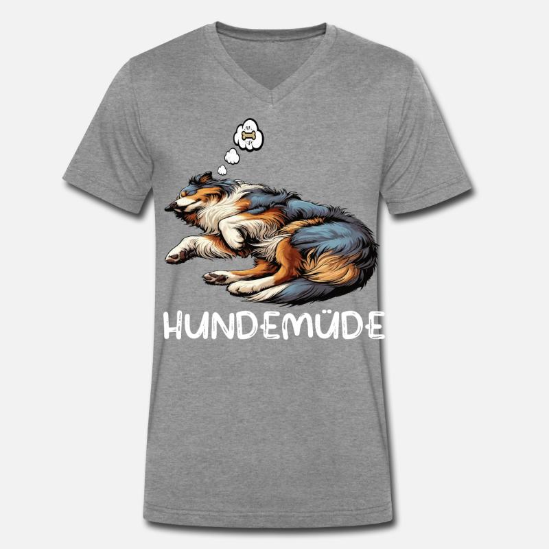 Hundemüde Australian Shepherd Aussie Aussiehalter - Männer Premium Bio T-Shirt mit V-Ausschnitt - Dunkelgrau meliert