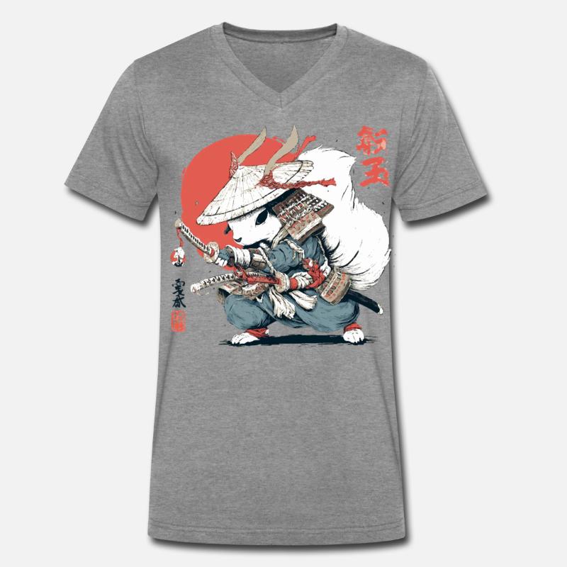 Samurai-Eichhörnchen, japanischer Krieger, Ukiyo-e-Stil Su - Männer Premium Bio T-Shirt mit V-Ausschnitt - Dunkelgrau meliert