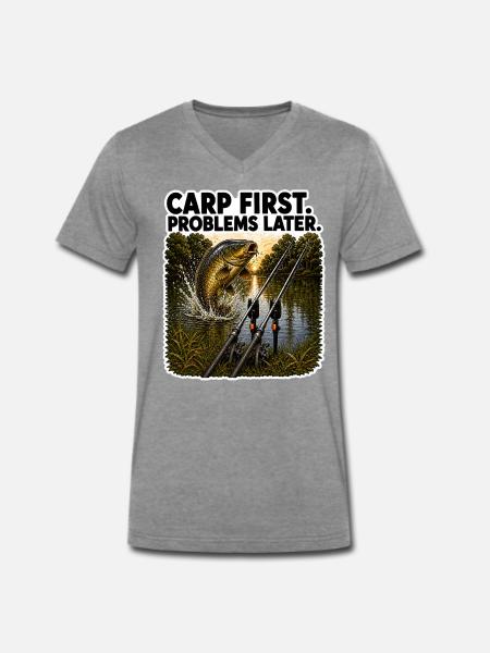 Karpfen-Erste Probleme später Sprungkarpfen-Design - Männer Premium Bio T-Shirt mit V-Ausschnitt - Dunkelgrau meliert