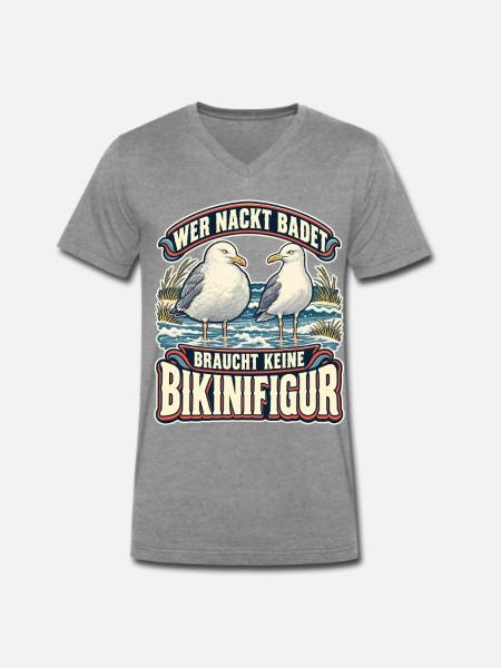 Wer nackt badet Bikinifigur Möwe - Männer Premium Bio T-Shirt mit V-Ausschnitt - Dunkelgrau meliert