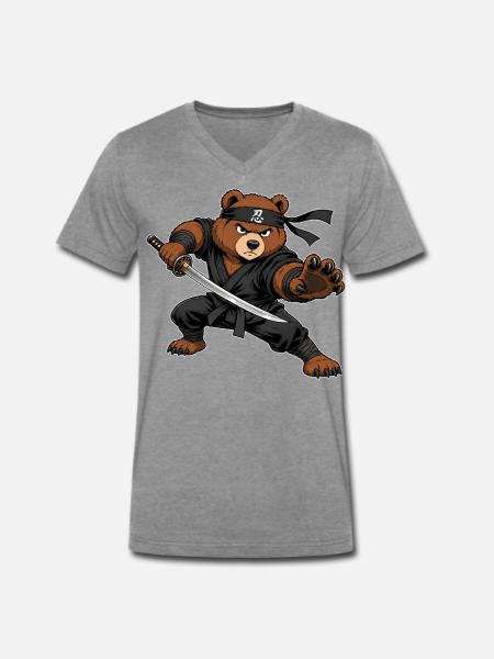 Ninja Bär mit Katana – Samurai Kämpfer - Männer Premium Bio T-Shirt mit V-Ausschnitt - Dunkelgrau meliert