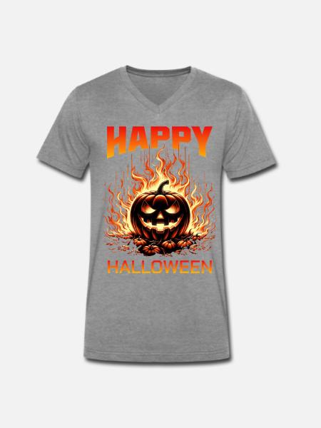 Happy Halloween Pumpkin Fire - Männer Premium Bio T-Shirt mit V-Ausschnitt - Dunkelgrau meliert
