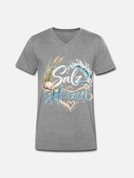 MeerLiebe Schriftzug am Strand - Männer Premium Bio T-Shirt mit V-Ausschnitt - Dunkelgrau meliert