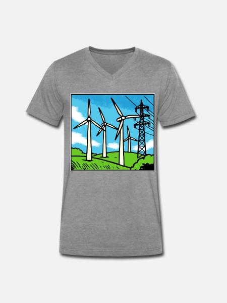 Windkraft Landschaft Blau - Männer Premium Bio T-Shirt mit V-Ausschnitt - Dunkelgrau meliert