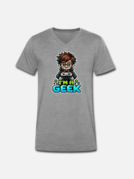 Pixel Geek Chibi Gamer - Männer Premium Bio T-Shirt mit V-Ausschnitt - Dunkelgrau meliert
