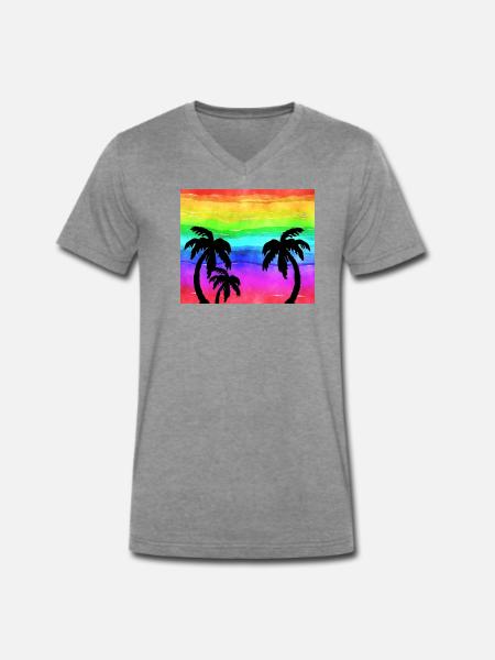 Rainbow Sunset Palmen Strand - Männer Premium Bio T-Shirt mit V-Ausschnitt - Dunkelgrau meliert