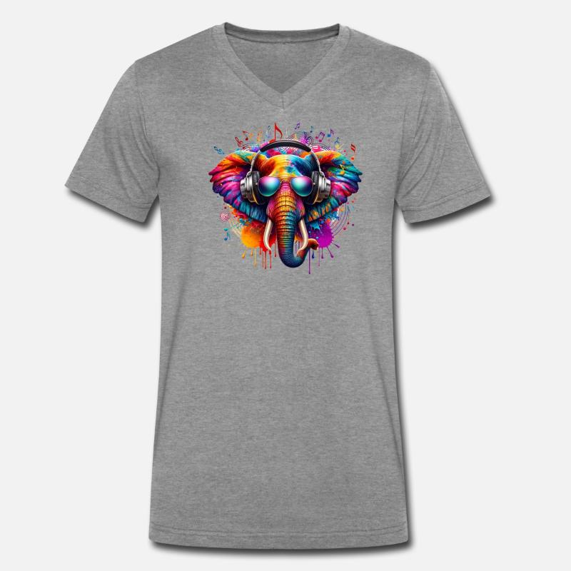Bunter Elefant mit Kopfhörern - Männer Premium Bio T-Shirt mit V-Ausschnitt - Dunkelgrau meliert