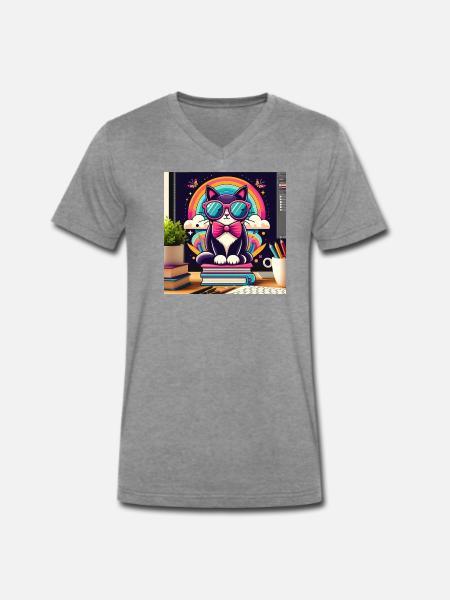 Studious cat with glasses - Men's Premium Organic T-shirt with V-neck - dark heather grey