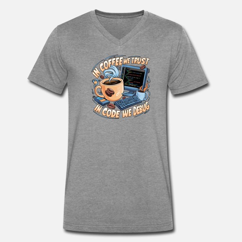 KaffeeCode Debug: In Code Wir Debuggen - Männer Premium Bio T-Shirt mit V-Ausschnitt - Dunkelgrau meliert