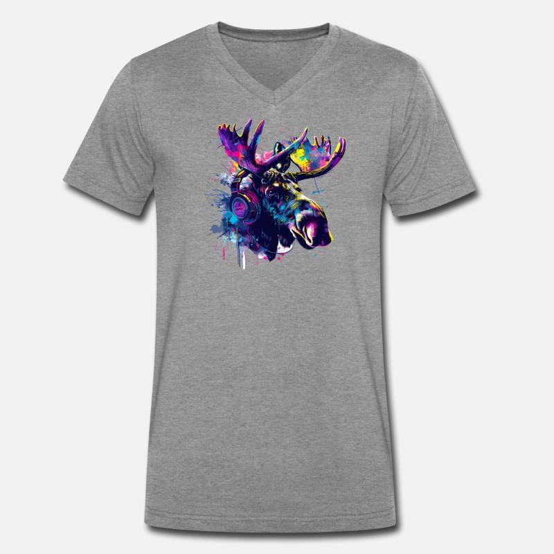 Elch Elche Elchkopf mit Kopfhörer - Männer Premium Bio T-Shirt mit V-Ausschnitt - Dunkelgrau meliert