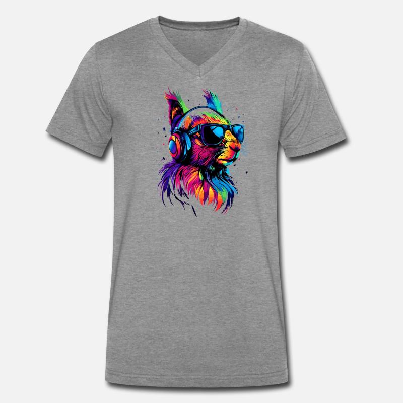 Eichhörnchen Kopfhörer Bunt Popart DJ Eichhörnchen - Männer Premium Bio T-Shirt mit V-Ausschnitt - Dunkelgrau meliert