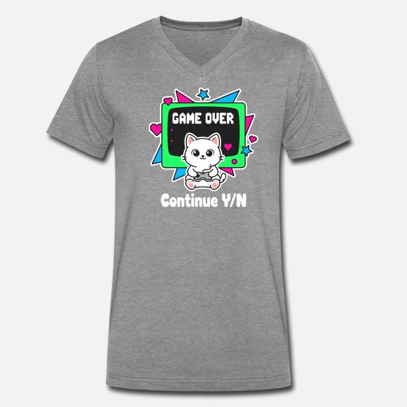 Retro Katzen Controller Game Over - Männer Premium Bio T-Shirt mit V-Ausschnitt - Dunkelgrau meliert