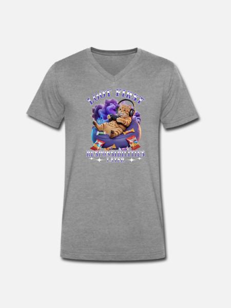 Funny Gaming Gamer Cat - Männer Premium Bio T-Shirt mit V-Ausschnitt - Dunkelgrau meliert