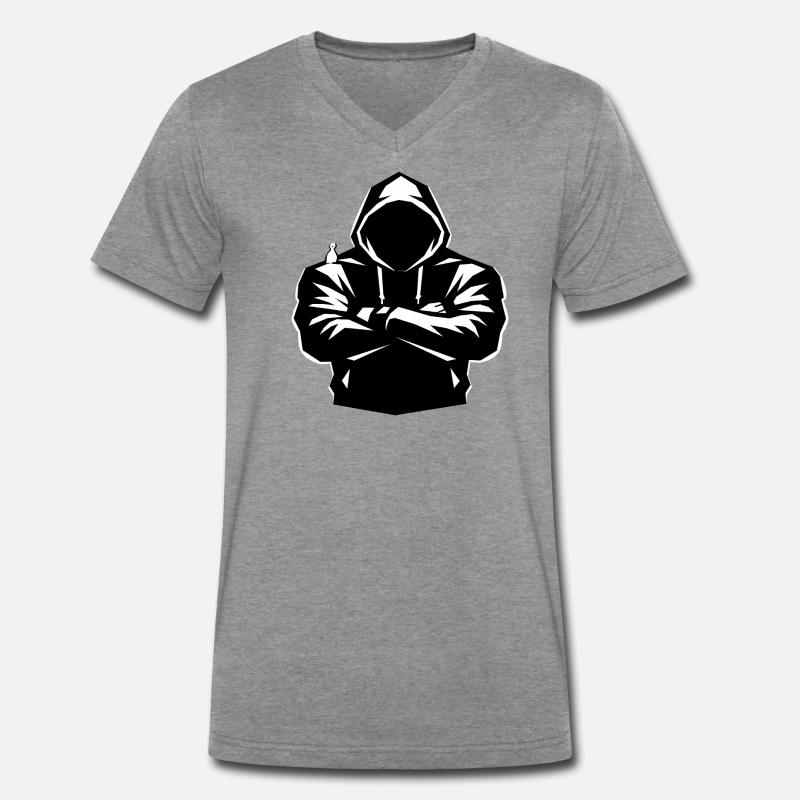 Kapuzenpulli-Figur und Vogel - Männer Premium Bio T-Shirt mit V-Ausschnitt - Dunkelgrau meliert