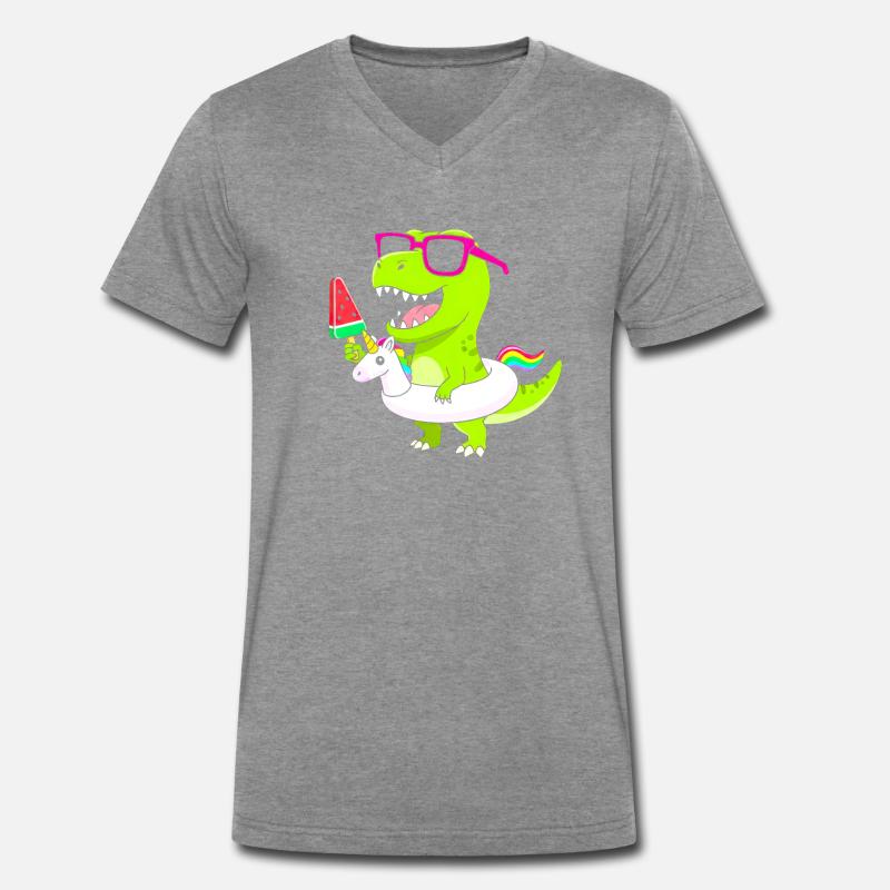 Neon-Dino mit Eis und Einhorn - Männer Premium Bio T-Shirt mit V-Ausschnitt - Dunkelgrau meliert