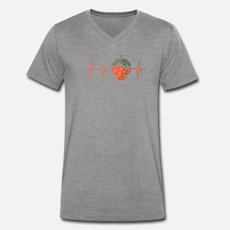 Erdbeere mit Herzschlag im Comic Stil - Männer Premium Bio T-Shirt mit V-Ausschnitt - Dunkelgrau meliert