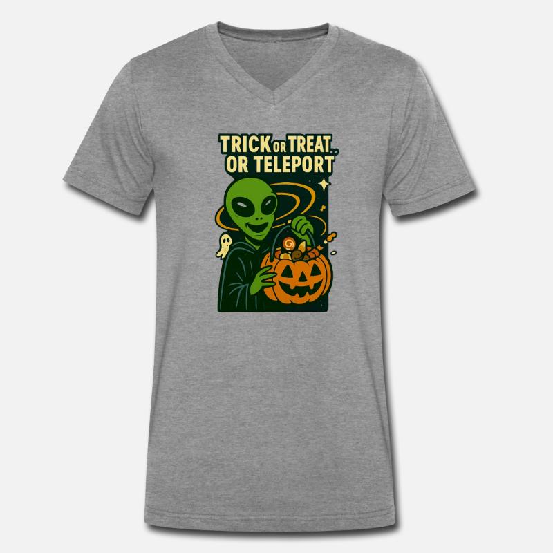 Alien Halloween T-Shirt – Süßes oder Saures... oder... - Männer Premium Bio T-Shirt mit V-Ausschnitt - Dunkelgrau meliert
