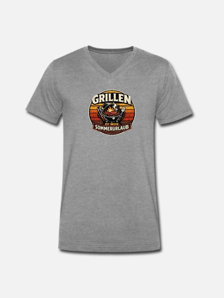 Grillen ist mein Sommerurlaub - Männer Premium Bio T-Shirt mit V-Ausschnitt - Dunkelgrau meliert