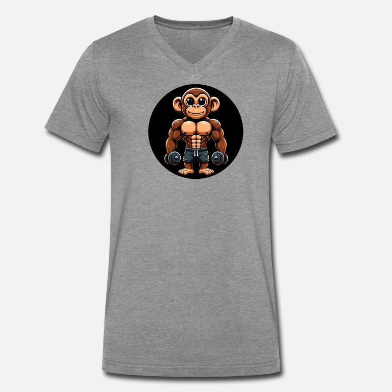 Affe Chimpanse Bodybuilder Training - Männer Premium Bio T-Shirt mit V-Ausschnitt - Dunkelgrau meliert
