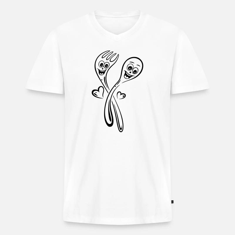 Löffel und Gabel mit Herzen. - Männer Premium Bio T-Shirt mit V-Ausschnitt - Weiß