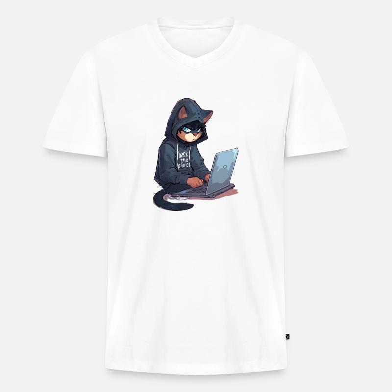Cyber Hacker Cat Hackerkatze - Männer Premium Bio T-Shirt mit V-Ausschnitt - Weiß