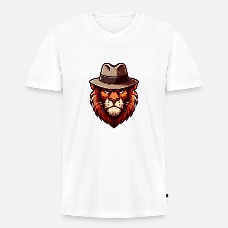 Löwe mit Hut - Männer Premium Bio T-Shirt mit V-Ausschnitt - Weiß