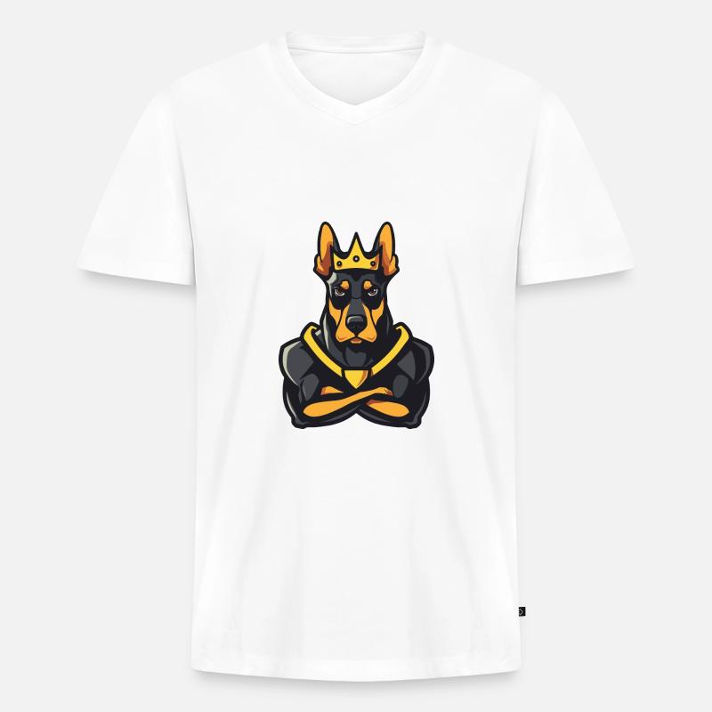 Dobermann Hund Comic Krone - Männer Premium Bio T-Shirt mit V-Ausschnitt - Weiß