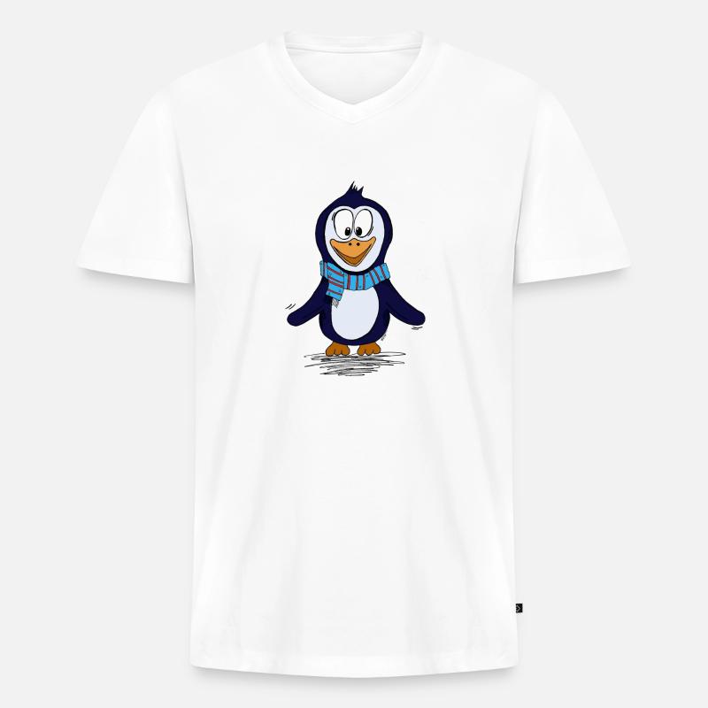 Lustiger Piguin mit Schal - Männer Premium Bio T-Shirt mit V-Ausschnitt - Weiß