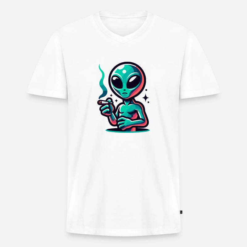 Alien mit Joint Zigarette rauchen - Männer Premium Bio T-Shirt mit V-Ausschnitt - Weiß