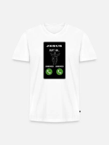 Jesus ruft an - Männer Premium Bio T-Shirt mit V-Ausschnitt - Weiß