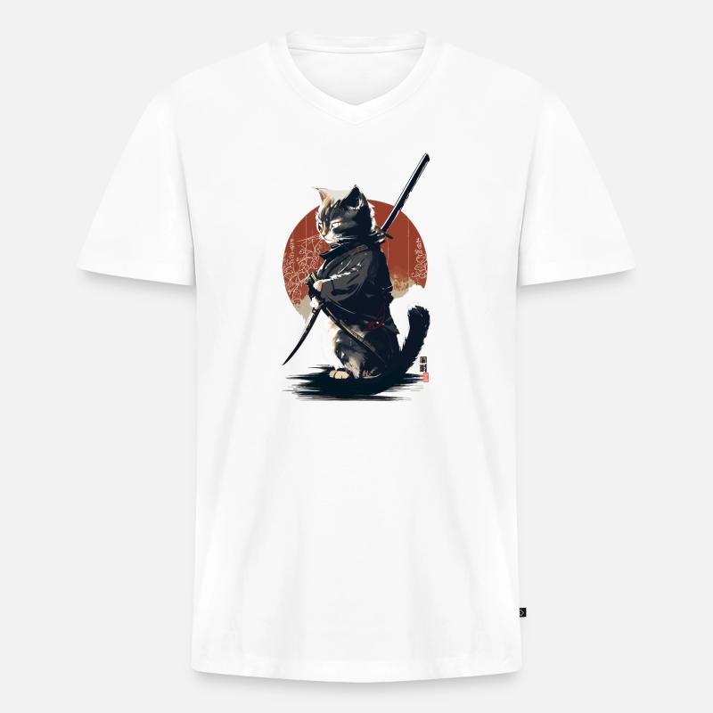 Kawaii Neko Samurai : Katzen-Samurai - Männer Premium Bio T-Shirt mit V-Ausschnitt - Weiß