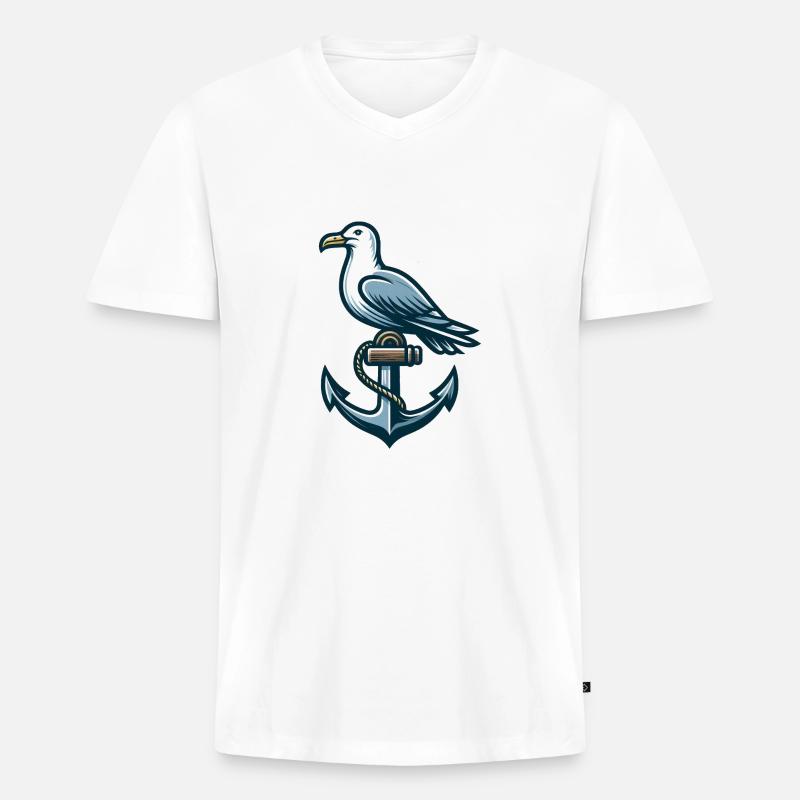 Anker mit Möwe - Männer Premium Bio T-Shirt mit V-Ausschnitt - Weiß