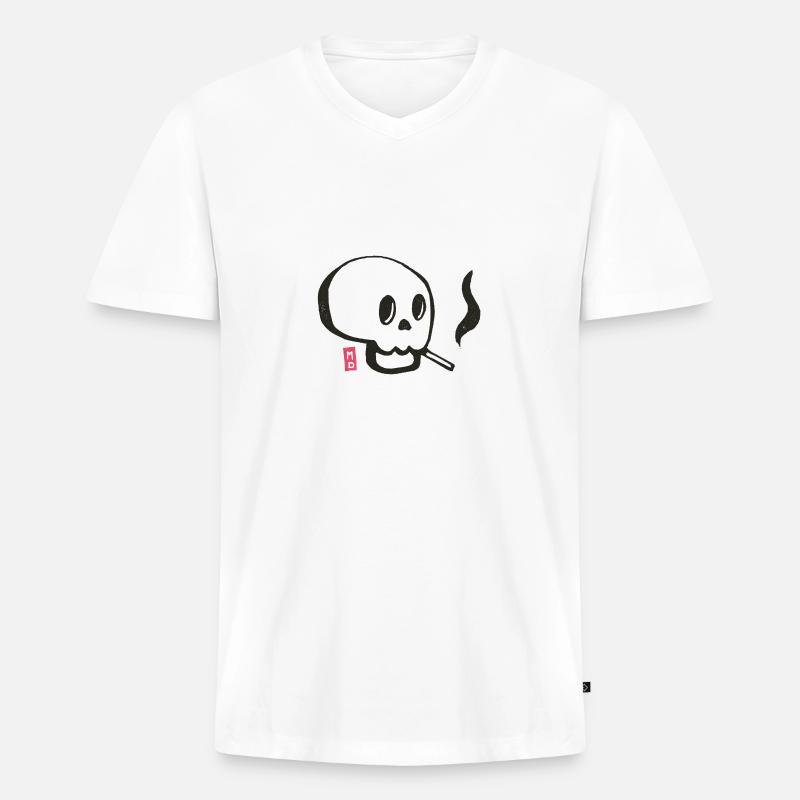 Schädel raucht eine Zigarette - Männer Premium Bio T-Shirt mit V-Ausschnitt - Weiß