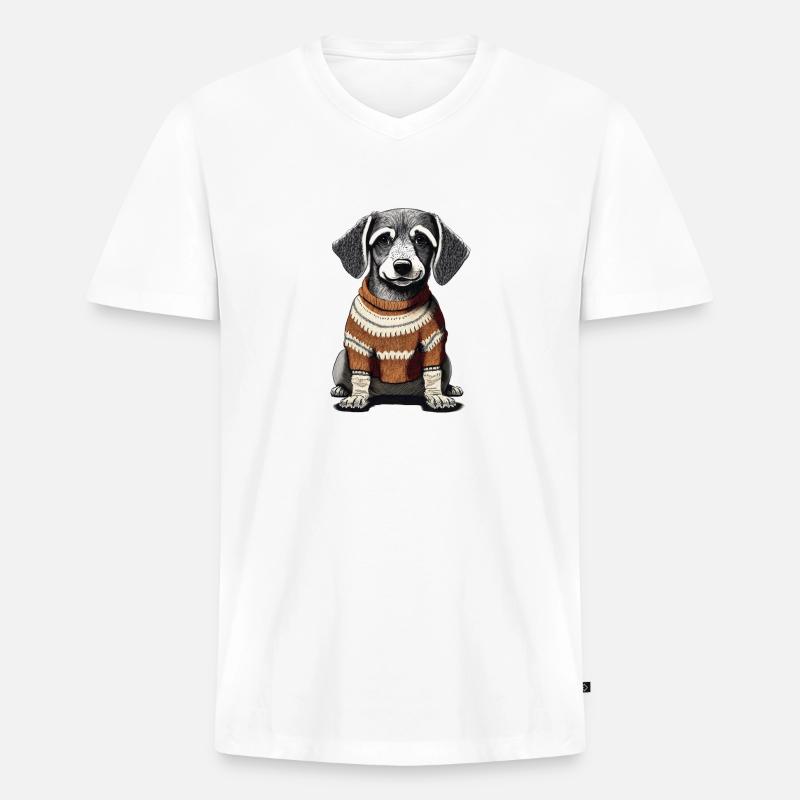 Hund mit Pullover - Männer Premium Bio T-Shirt mit V-Ausschnitt - Weiß
