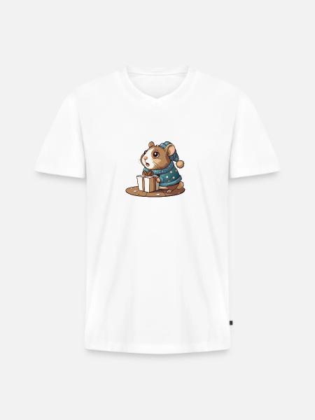 Cute hamster unwraps gift - Men's Premium Organic T-shirt with V-neck - white