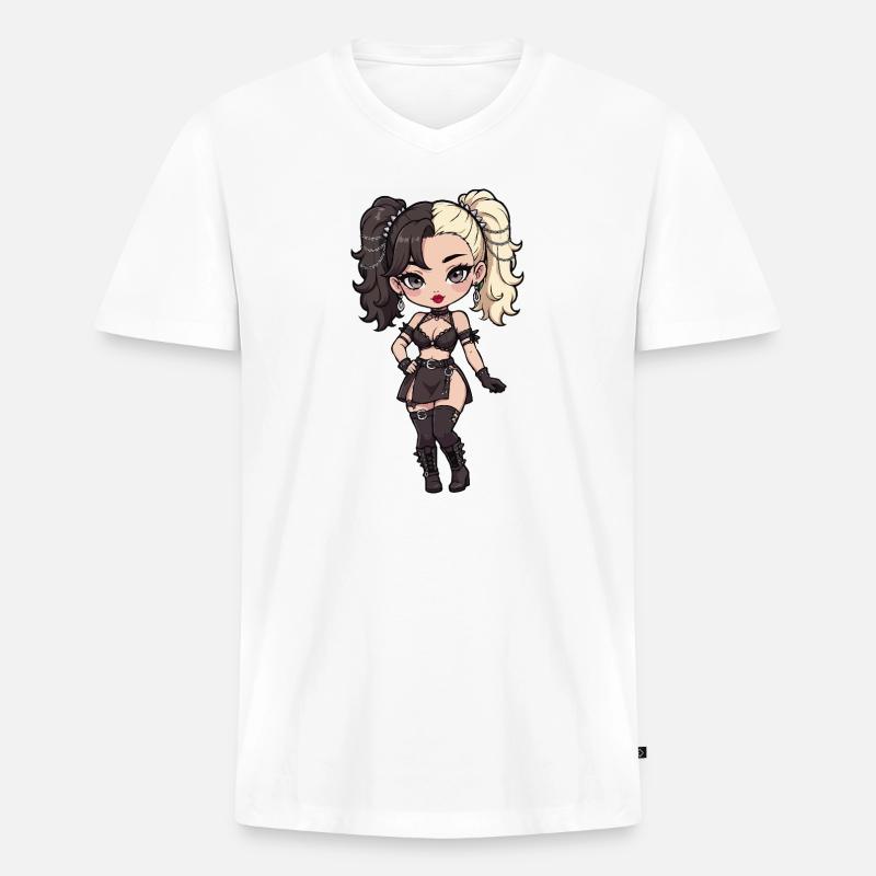 Gotische Chibi-Diva mit zweifarbigem Haar - Männer Premium Bio T-Shirt mit V-Ausschnitt - Weiß