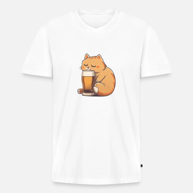 Süsse Katze mit Bier - Männer Premium Bio T-Shirt mit V-Ausschnitt - Weiß