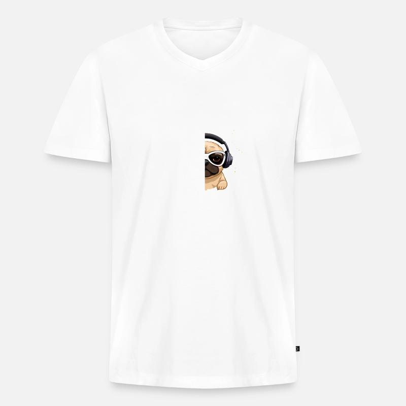 Cooler Kopfhörer Mops & Kaffee Design - Männer Premium Bio T-Shirt mit V-Ausschnitt - Weiß