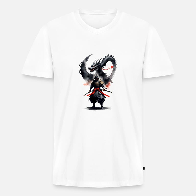 Samurai Krieger Schwarzer Drache - Männer Premium Bio T-Shirt mit V-Ausschnitt - Weiß