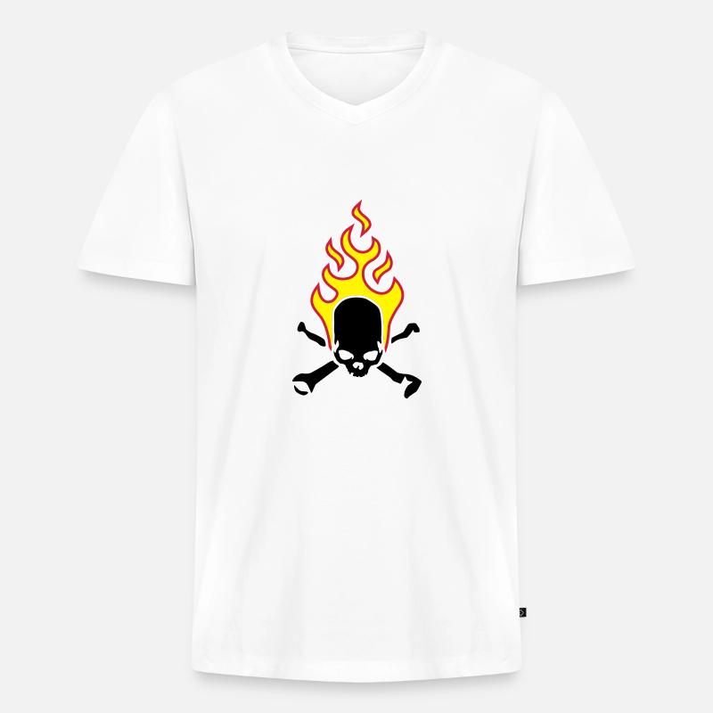fire_skull_bones_b_3c - Männer Premium Bio T-Shirt mit V-Ausschnitt - Weiß