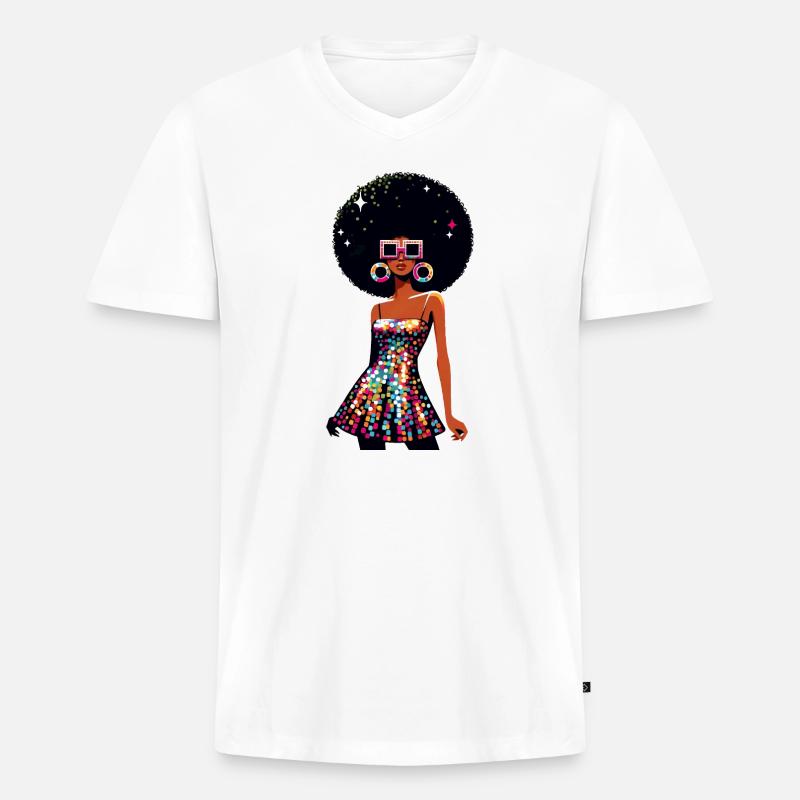 Disco Afro Glam Sequins Design - Männer Premium Bio T-Shirt mit V-Ausschnitt - Weiß
