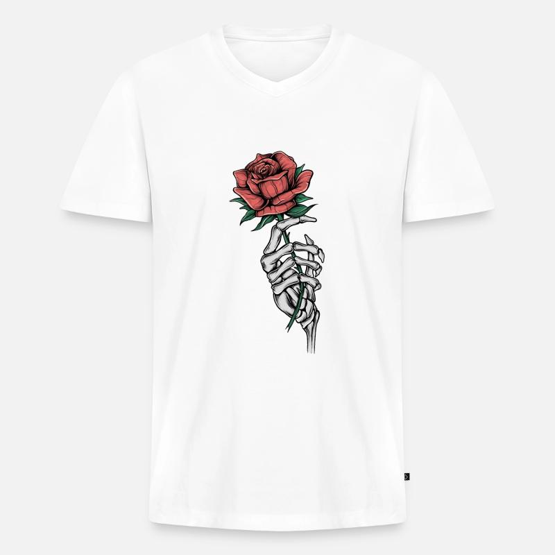 Knochenhand mit Rose - Männer Premium Bio T-Shirt mit V-Ausschnitt - Weiß