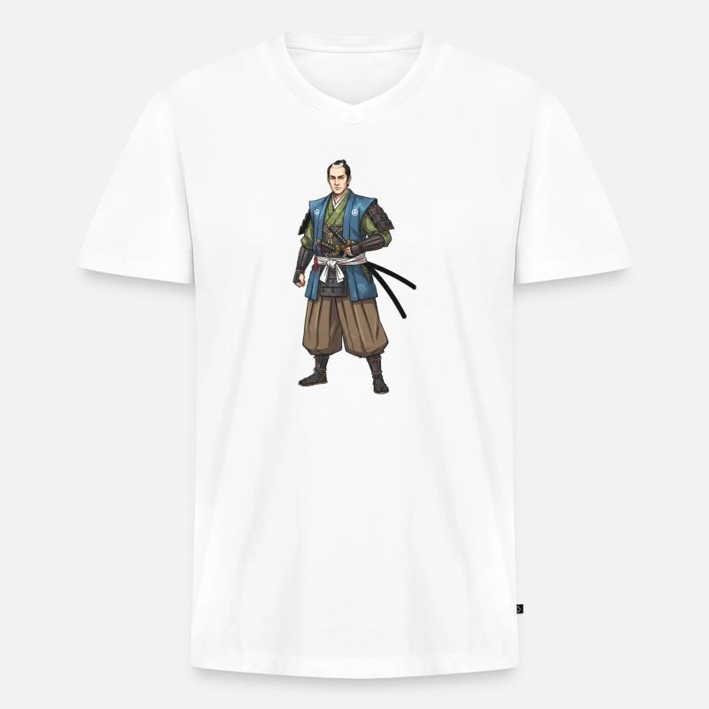 Edo Samurai in blauer Jacke - Männer Premium Bio T-Shirt mit V-Ausschnitt - Weiß