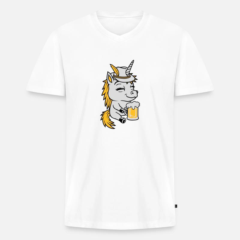 Bier trinkendes sitzendes Einhorn - Männer Premium Bio T-Shirt mit V-Ausschnitt - Weiß