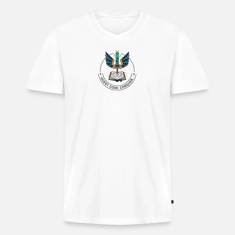 Quest. Code. Conquer Emblem - Männer Premium Bio T-Shirt mit V-Ausschnitt - Weiß